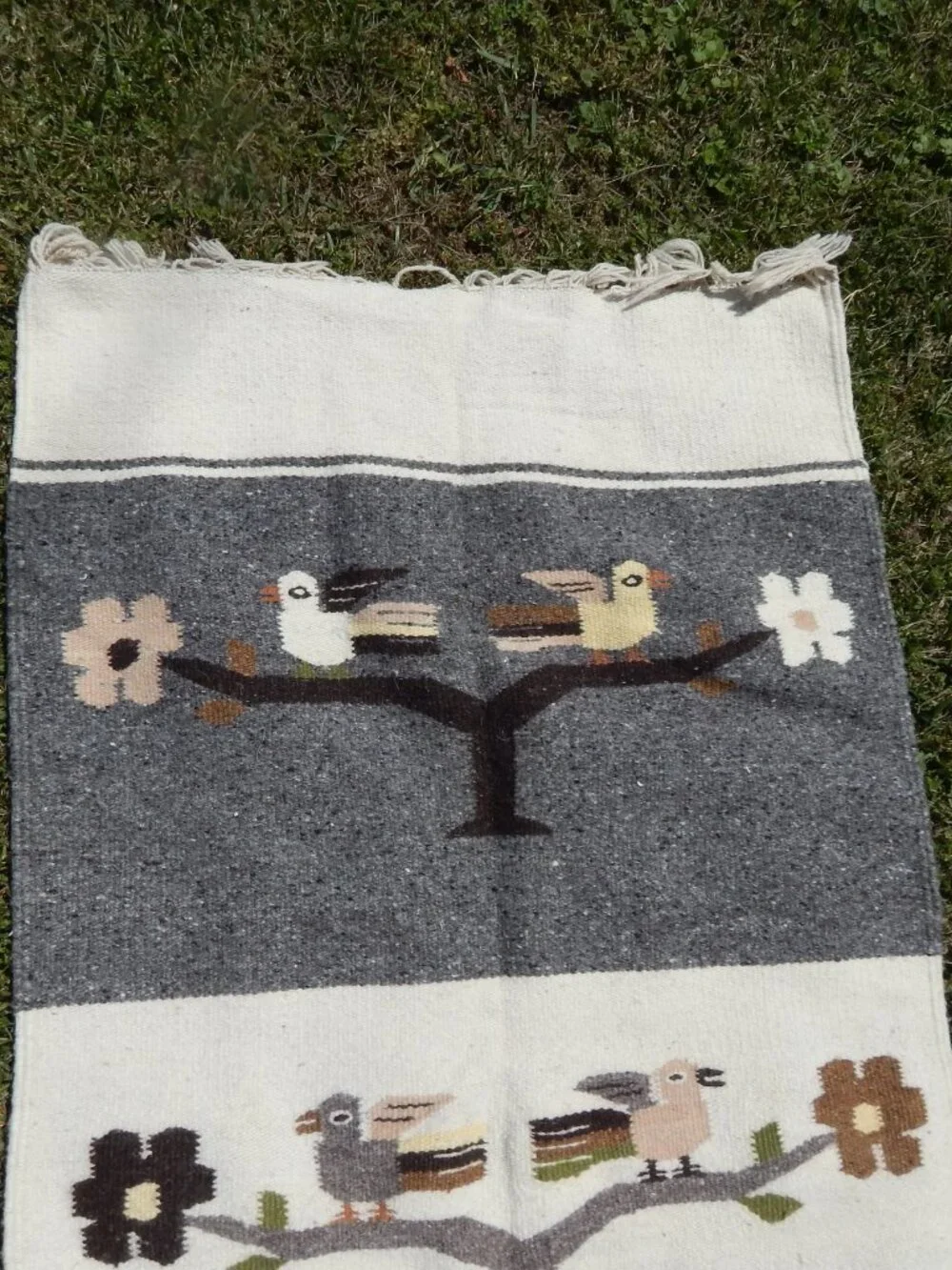 Hand Woven Wool Mexico Wrap Wall Hanging Tapestry Rug Fringe Birds Table 61X26